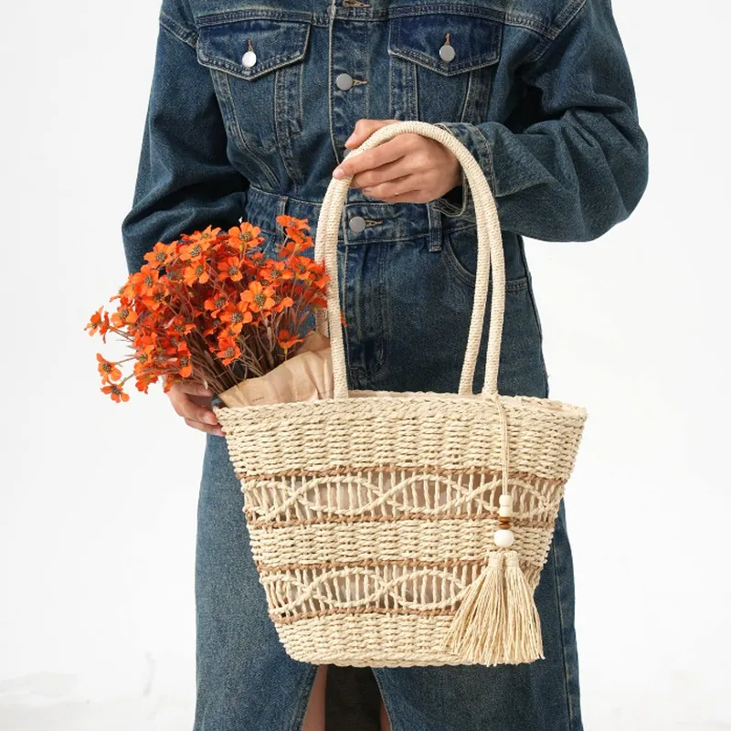 Women'S Bag - Hollow-Shoulder Straw Tote Bag Handwoven Vegetable
