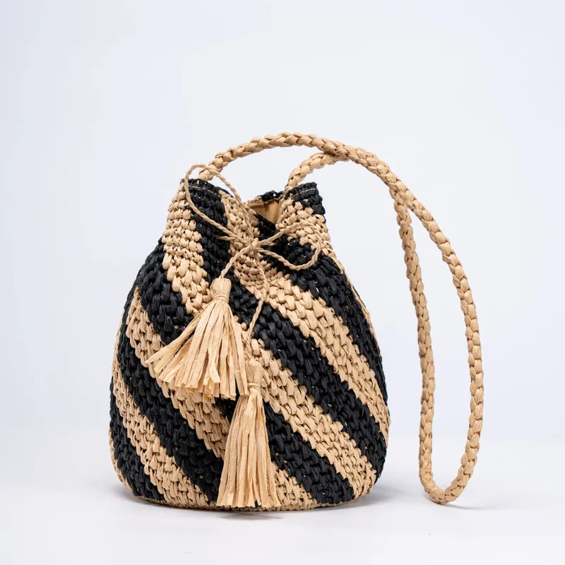 Women'S Bag - Striped straw handwoven messenger bag for
