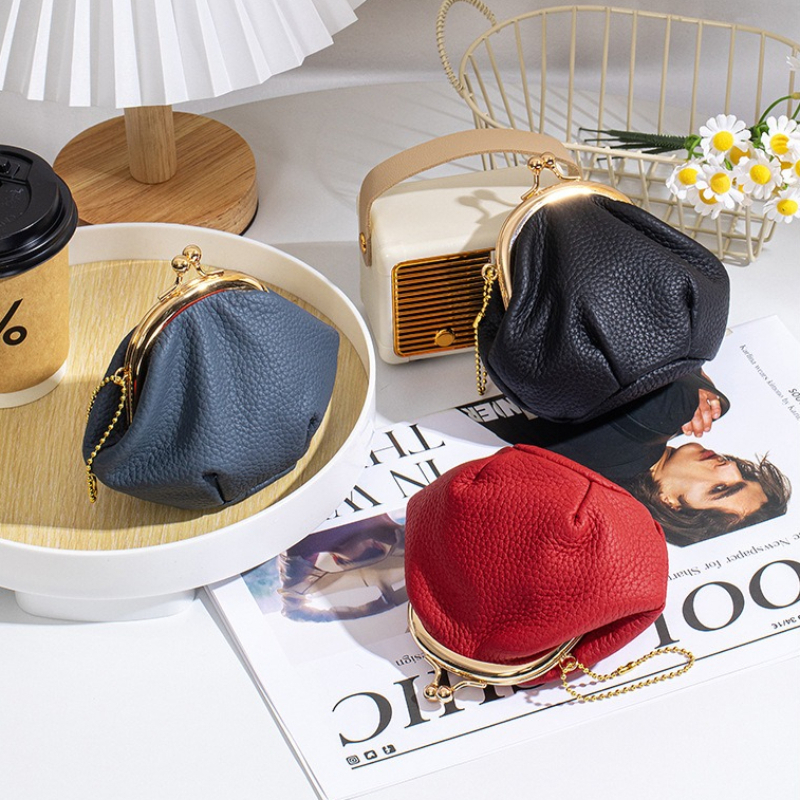 Women Bags Premium Brands - Top Grain Pebbled Leather Kiss-Lock Coin