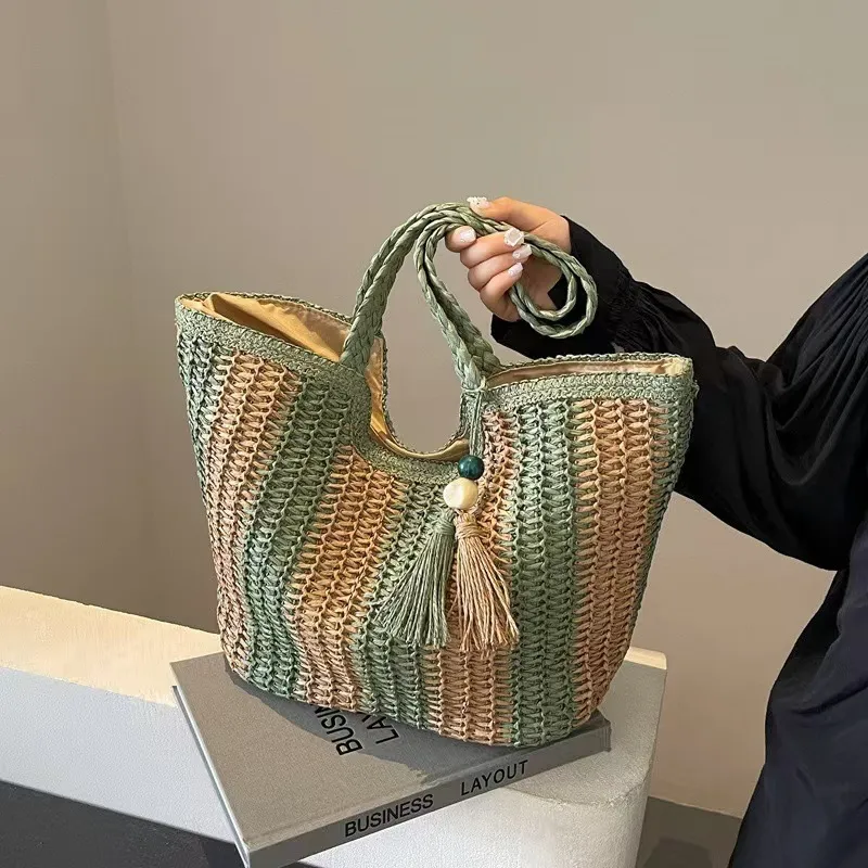 Striped woven straw tote bag f - Women'S Bag 리뷰 및 가격