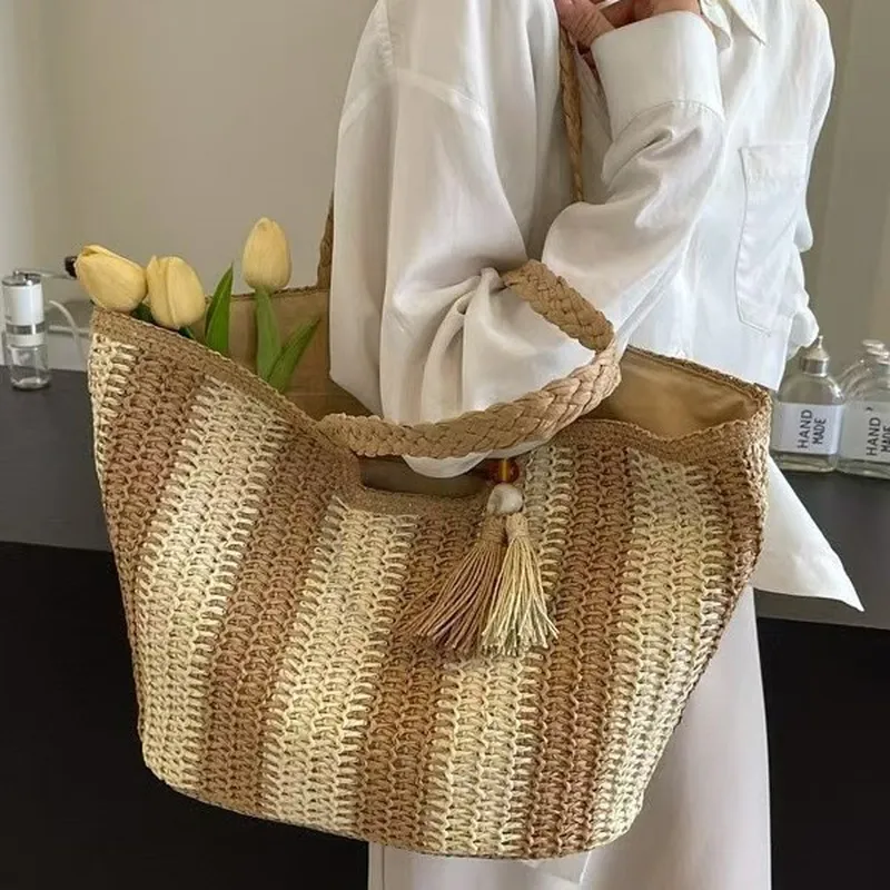 Striped woven straw tote bag f - Women'S Bag 리뷰 및 가격