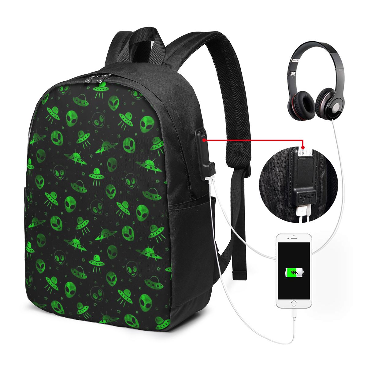 Aliens And UFOs Pattern Backpa - Women Bags College 리뷰 및 가격